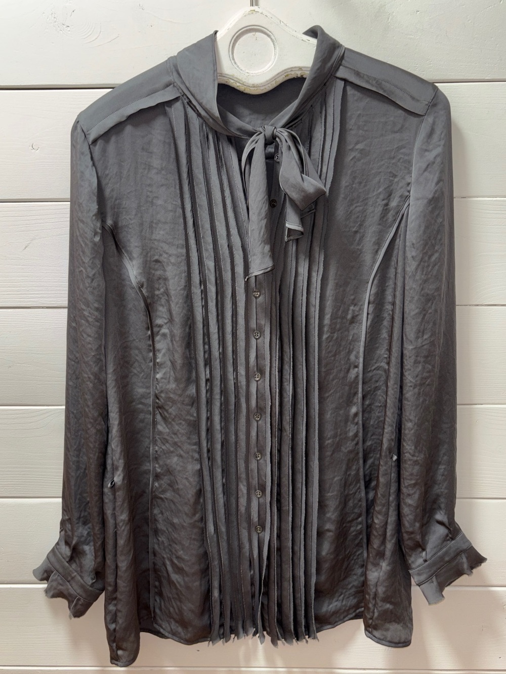 LUISA CERANO Gray Satin Tie-Neck Blouse Size 10 - Picture 3 of 12